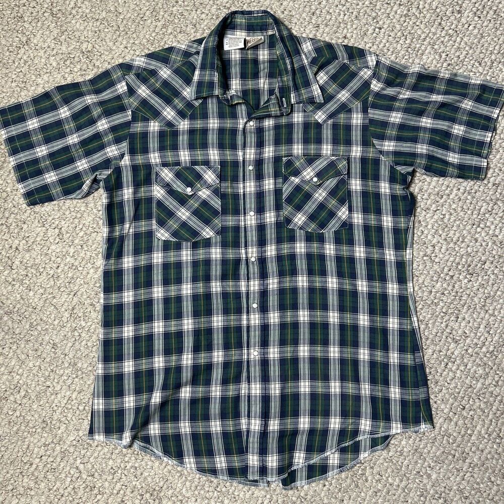 Vintage Western Frontier Pearl Snap Shirt Men’s Large Green Blue Plaid Western
